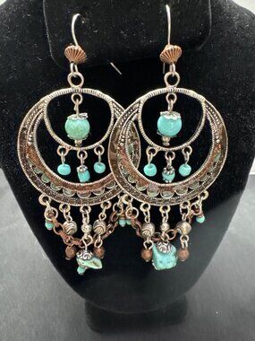 Boho-Chic Dangle Earrings With Turquoise Beads & Antique Silver-Tone Crescent De